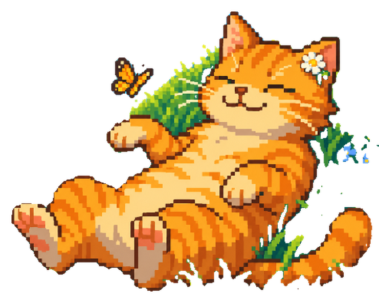 Meadow Cat lying on his back in a tuft of grass, eyes closed, a daisy behind one ear and a butterfly nearby