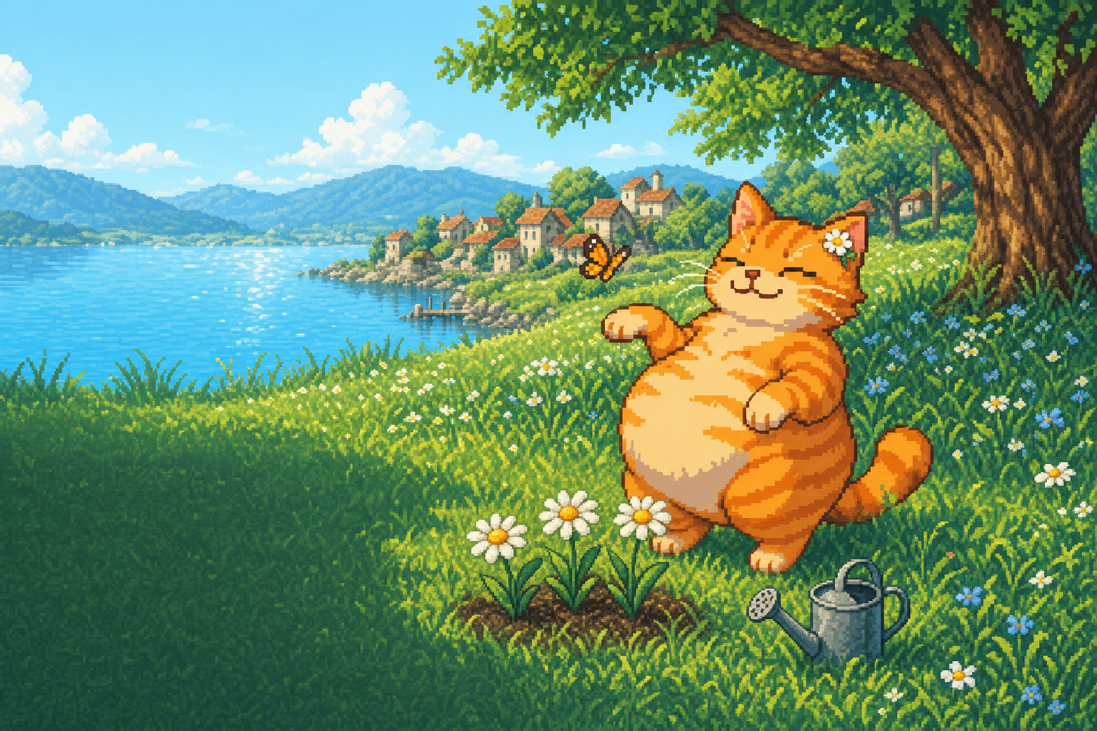 Meadow Cat, a chubby orange tabby, standing in a sunny meadow beside three daisies and a watering can, with a lake and village behind him